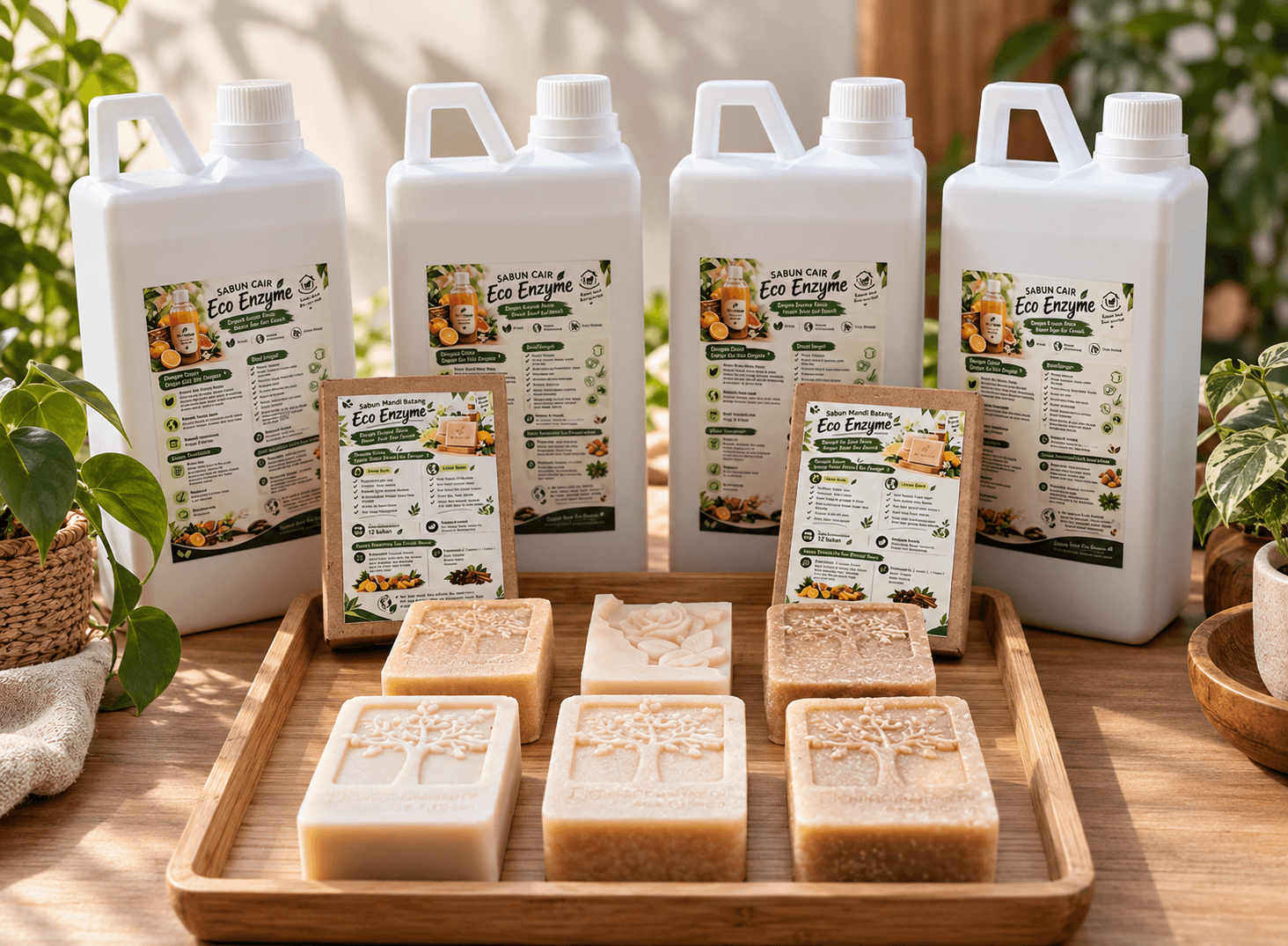 Eco Enzyme liquid soap jerrycans, boxed bar soaps and bar soaps on a wooden tray, among green plants