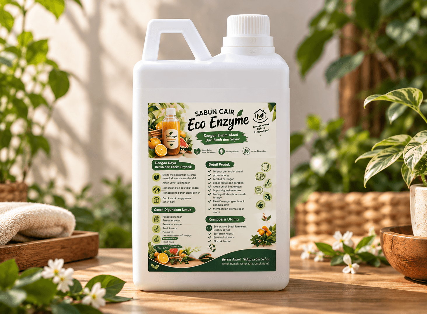 White jerrycan of Eco Enzyme liquid soap on a wooden table with plants