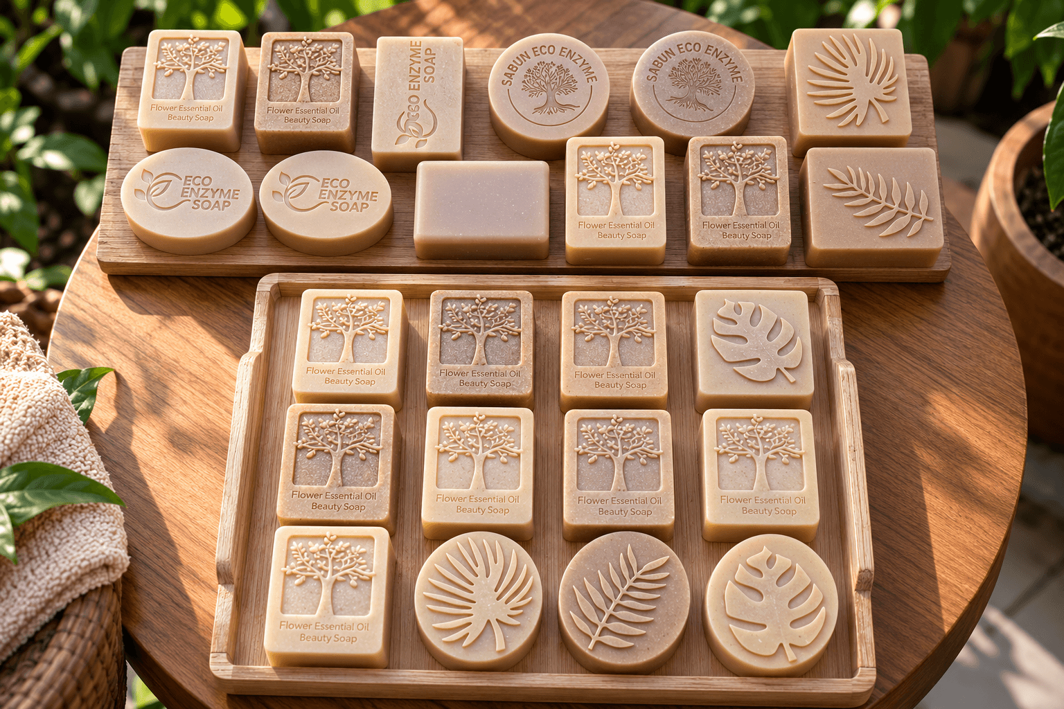 Eco Enzyme bar soaps in square, round and oval shapes with tree and leaf emboss, laid out on wooden trays