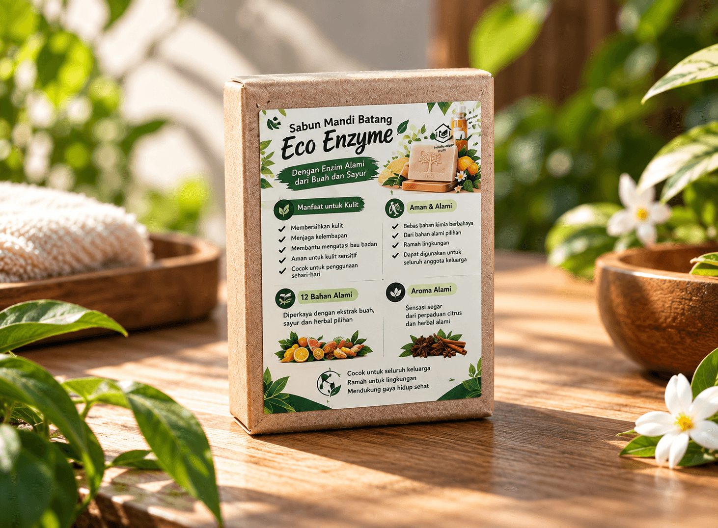 Eco Enzyme bar soap in a kraft paper box with a printed label, on a wooden table